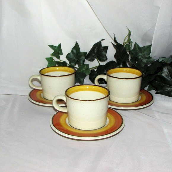 3 Vintage Mikasa Orange Peel Coffee Cups & Saucers Stoneware Japan - Picture 6 of 6